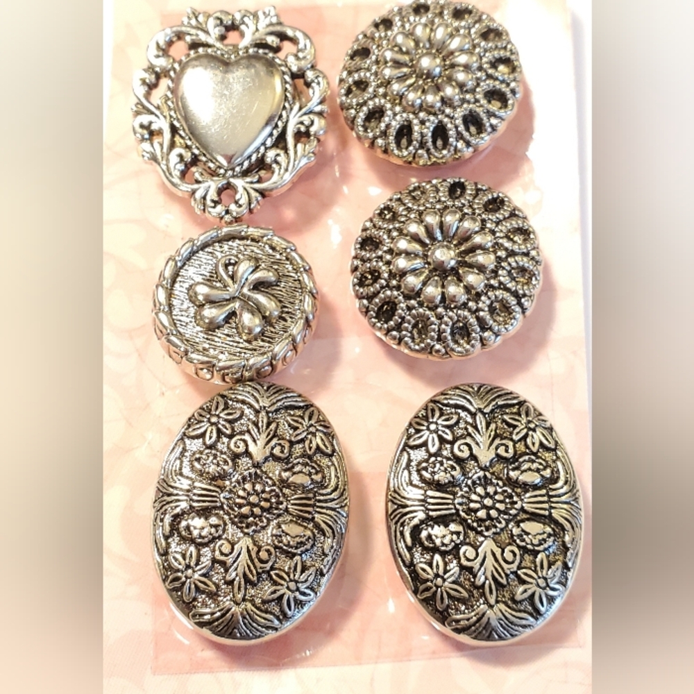 Elegant Lot of 6 Silvertone Metal Decorative Button Covers